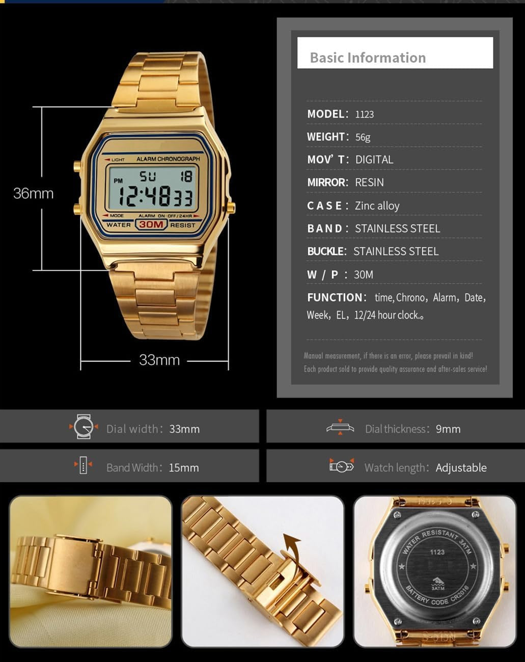 PASOY Men's Digital Gold Stainless Steel Watch