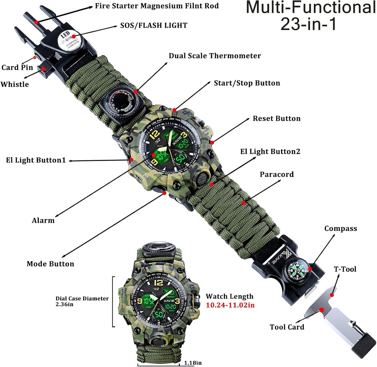 Mens Tactical Military Digital Watch, 23-in-1 Survival Multi-Functional Army Outdoors Waterproof Camouflage Sports Watches Dual Display Analog LED Electronic Wristwatches with Compass Paracord Band