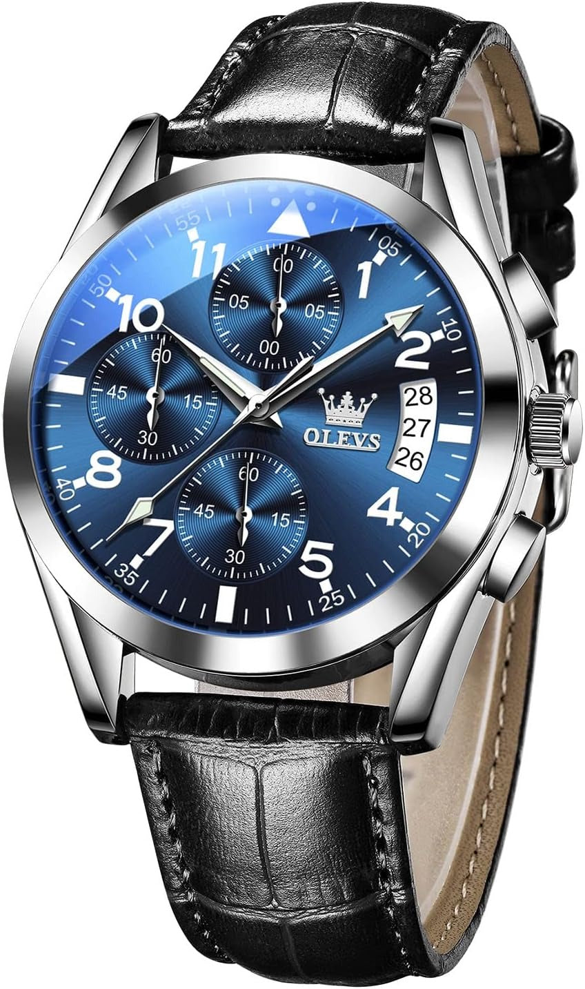 OLEVS Men's Casual Leather Watches Big Face Chronograph Watch for Men