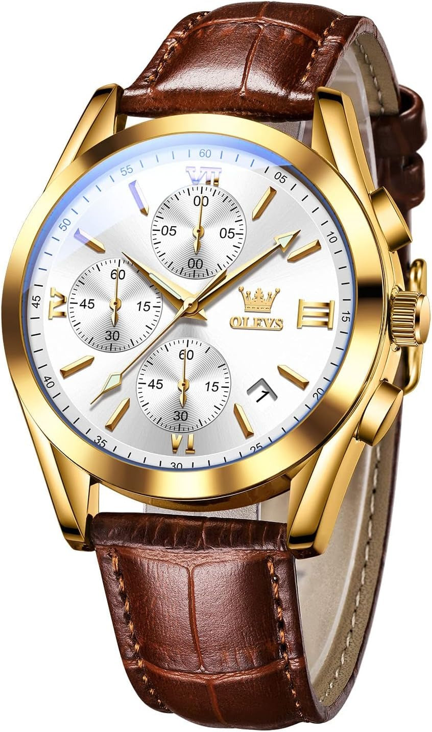 OLEVS Men's Casual Leather Watches Big Face Chronograph Watch for Men