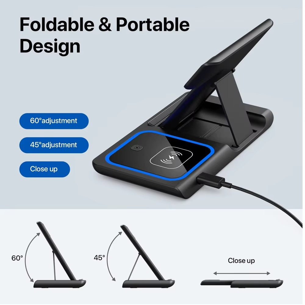LED Fast Wireless Charger Stand 3 in 1 Foldable Charging Station For iPhone 17/16/15/14 Apple Watch 9 8 7 6 5 Airpods Pro